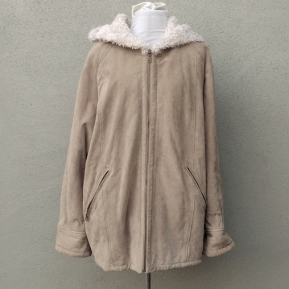 Vintage Tan Suede Coat Faux Sherpa Lined Women's XL J. Percy For Richards Martin